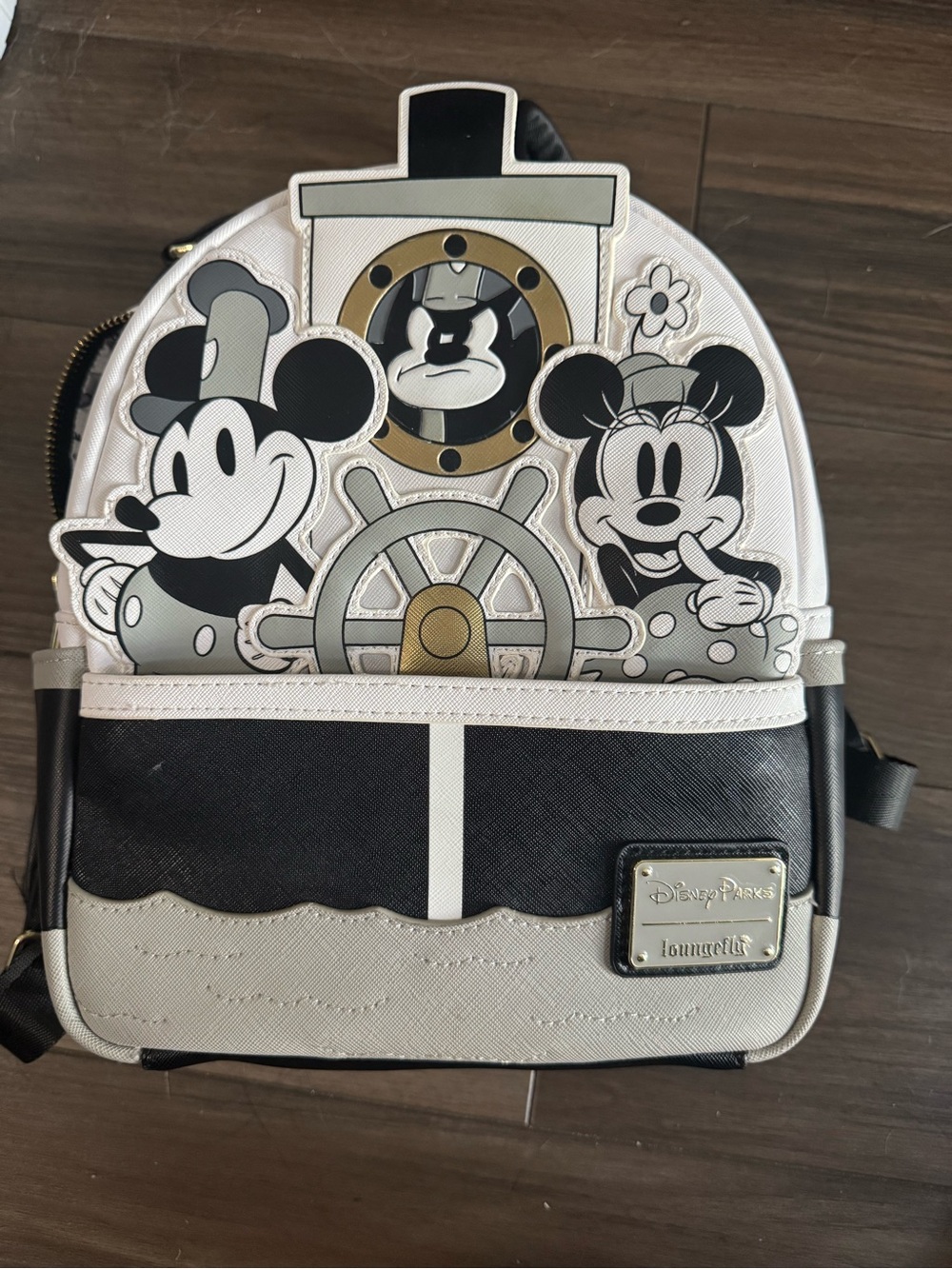 Loungefly Steamboat Mickey & Minnie Black White and Gold Mini Backpack